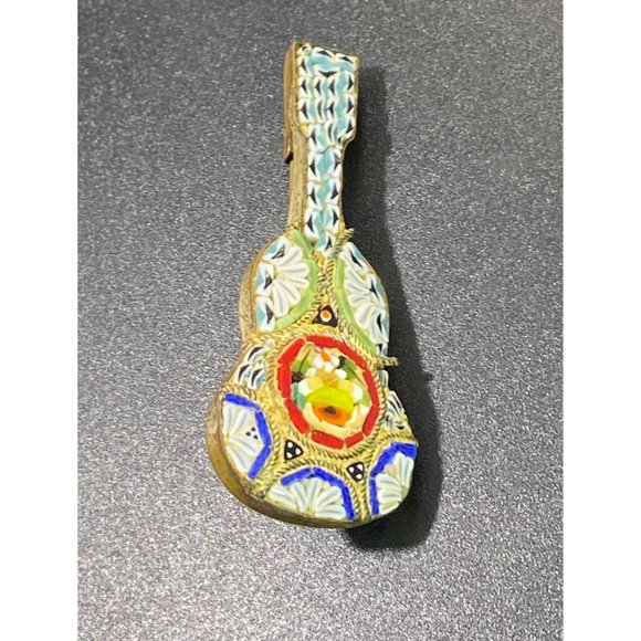 Vintage Micro Mosaic Guitar Brooch Pin Italy Gold Tone Instrument - Picture 3 of 7